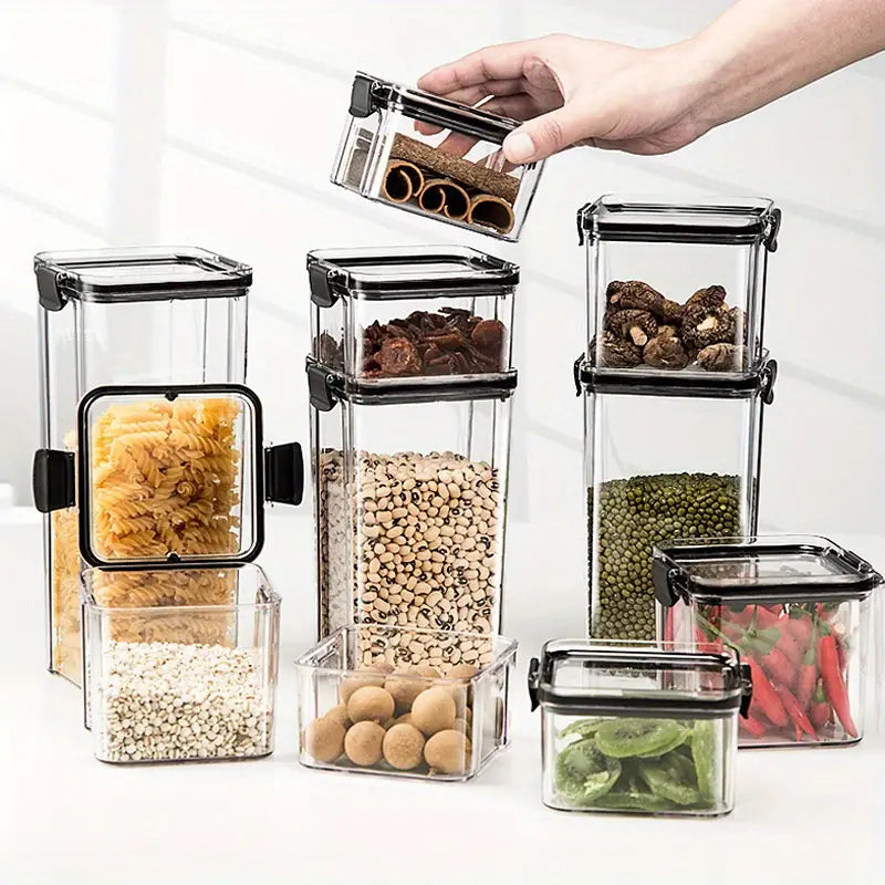 Set of Square Sealed Food Storage Containers, Durable Transparent Plastic, Kitchen Pantry Organizer for Grains, Dried Fruits, Snacks,